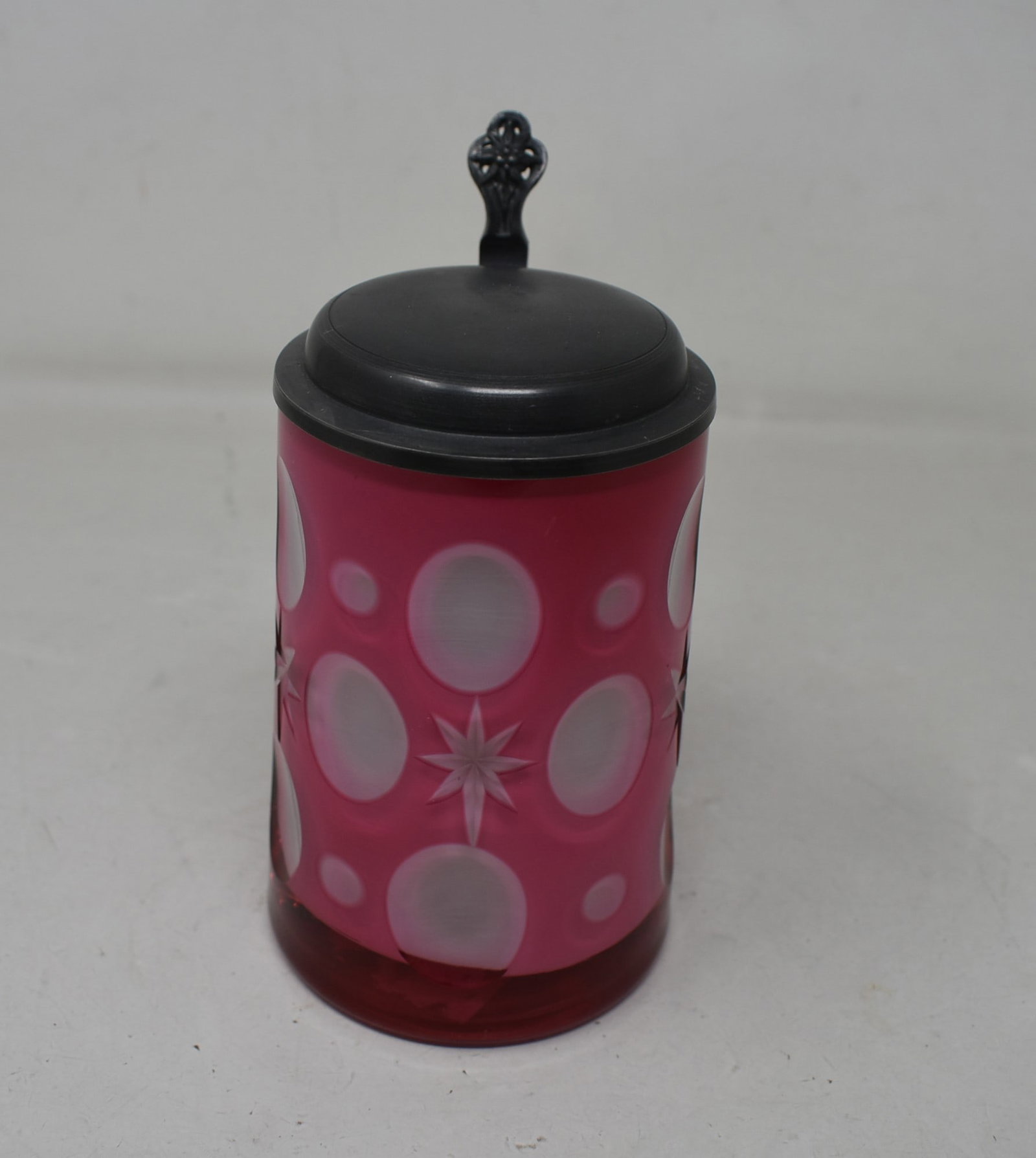 Clear to Pink Overlay Glass Beer Stein: 1/2 Liter Clear to Pink Overlay Glass Beer Stein with Applied Handle. In mint condition.