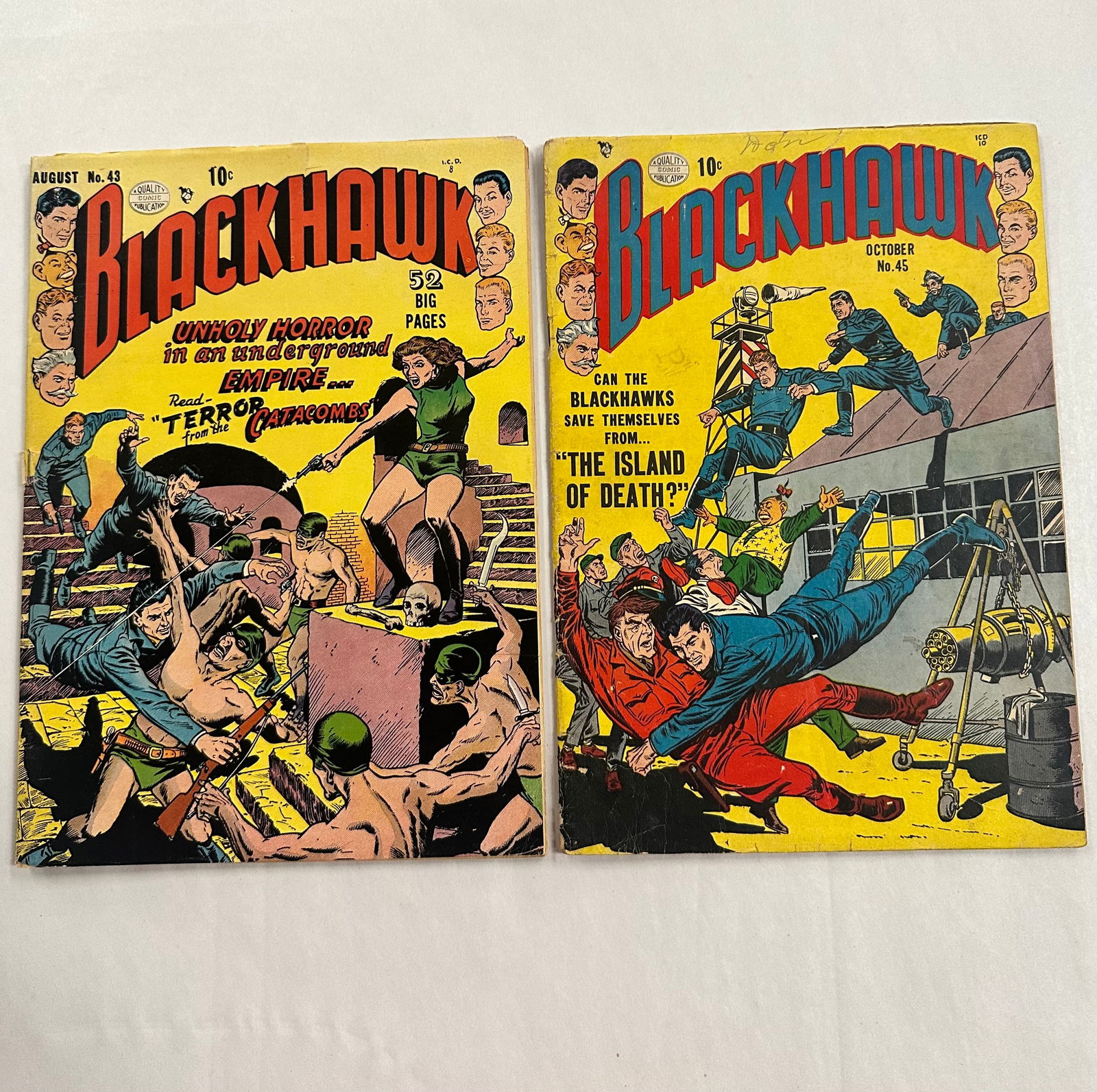 Blackhawk #43 & #45 (1951): Blackhawk #43 & #45 (1951) - Has overall issues like, but not limited too, Chips, brown pages, May have cover stamps etc., sm. tears, bends, soiling see Photos for condition.