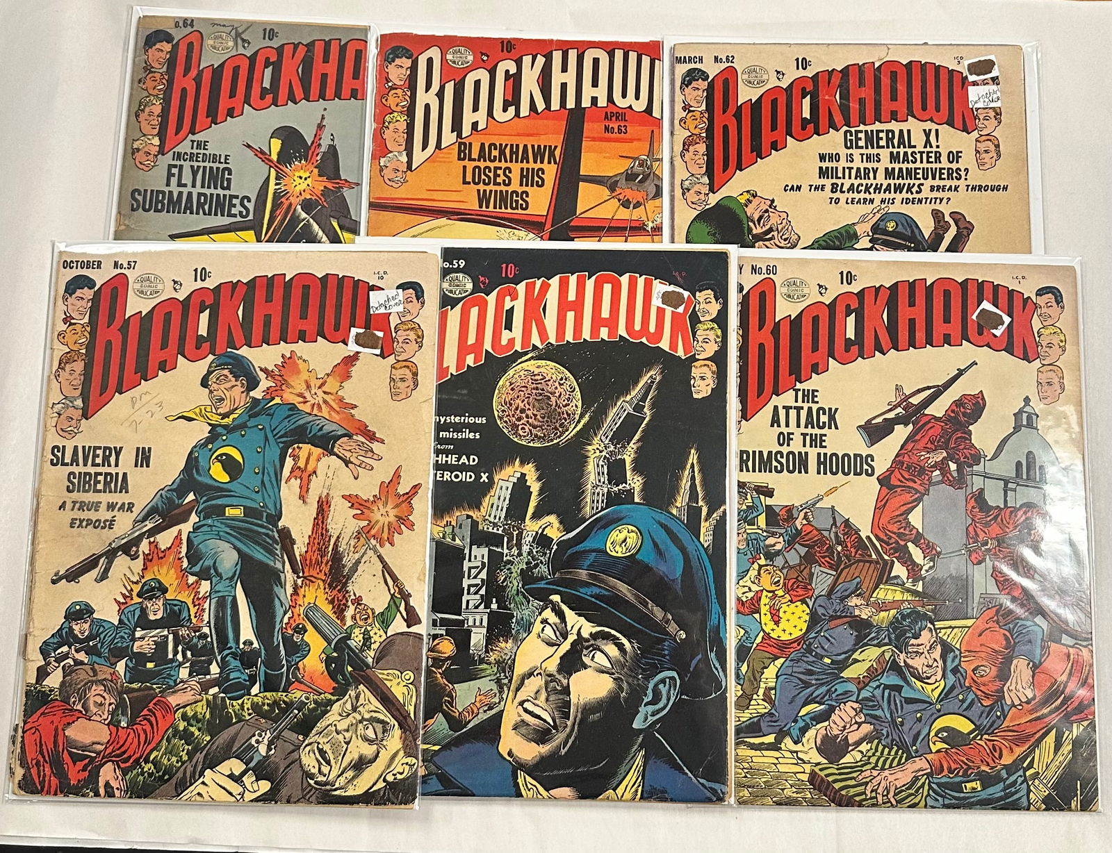 Blackhawk #57 #59 #60 #62 #63 #64: Blackhawk #57 (detached Cover) #59 #60 #62 (Detached Cover) #63 #64 - Has overall issues like, but not limited too, Chips, brown pages, May have cover stamps etc., sm. tears, bends, soiling see Photos