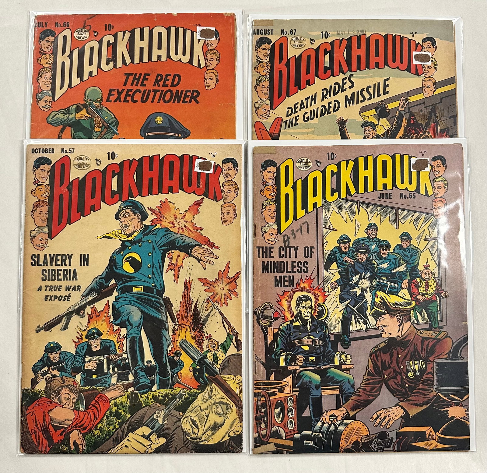 Blackhawk #57 #65 #66 #67: Blackhawk #57 #65 #66 #67 - Has overall issues like, but not limited too, Chips, brown pages, May have cover stamps etc., sm. tears, bends, soiling see Photos for condition.