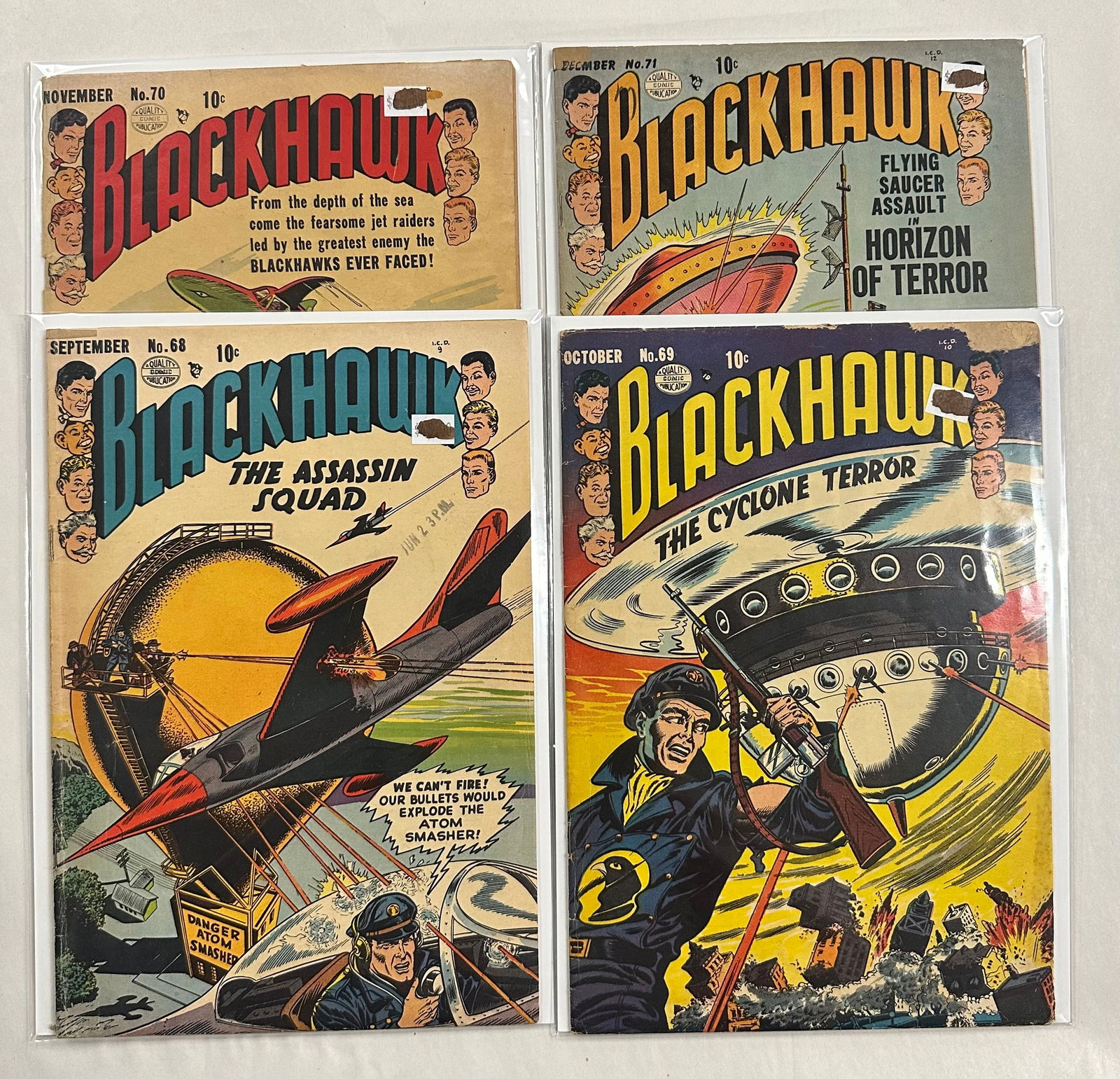 Blackhawk #68 #69 #70 #71: Blackhawk #68 #69 #70 #71 - Has overall issues like, but not limited too, Chips, brown pages, May have cover stamps etc., sm. tears, bends, soiling see Photos for condition.
