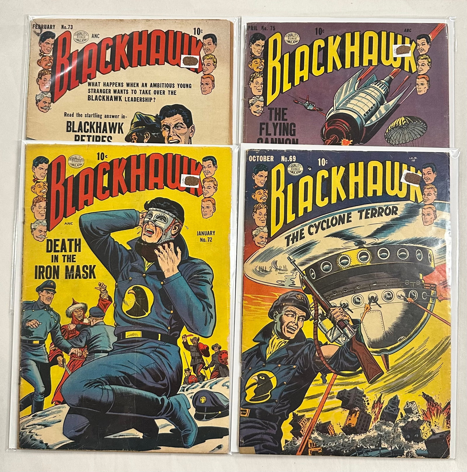 Blackhawk #69 #72 #73 #75: Blackhawk #69 #72 #73 #75 - Has overall issues like, but not limited too, Chips, brown pages, May have cover stamps etc., sm. tears, bends, soiling see Photos for condition.