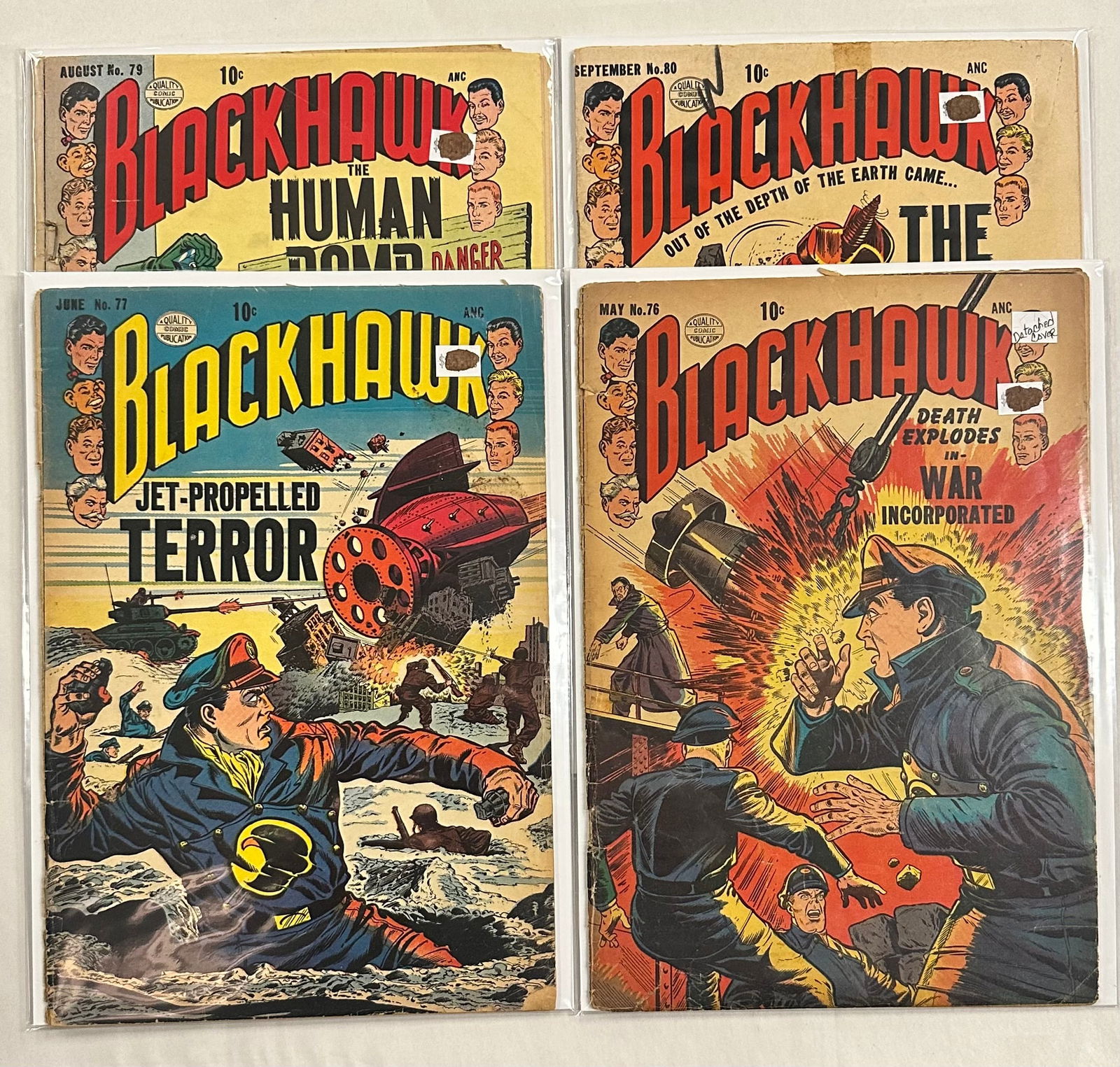 Blackhawk #76 #77 #79 #80: Blackhawk #76 (Detached Cover) #77 #79 #80 - Has overall issues like, but not limited too, Chips, brown pages, May have cover stamps etc., sm. tears, bends, soiling see Photos for condition.