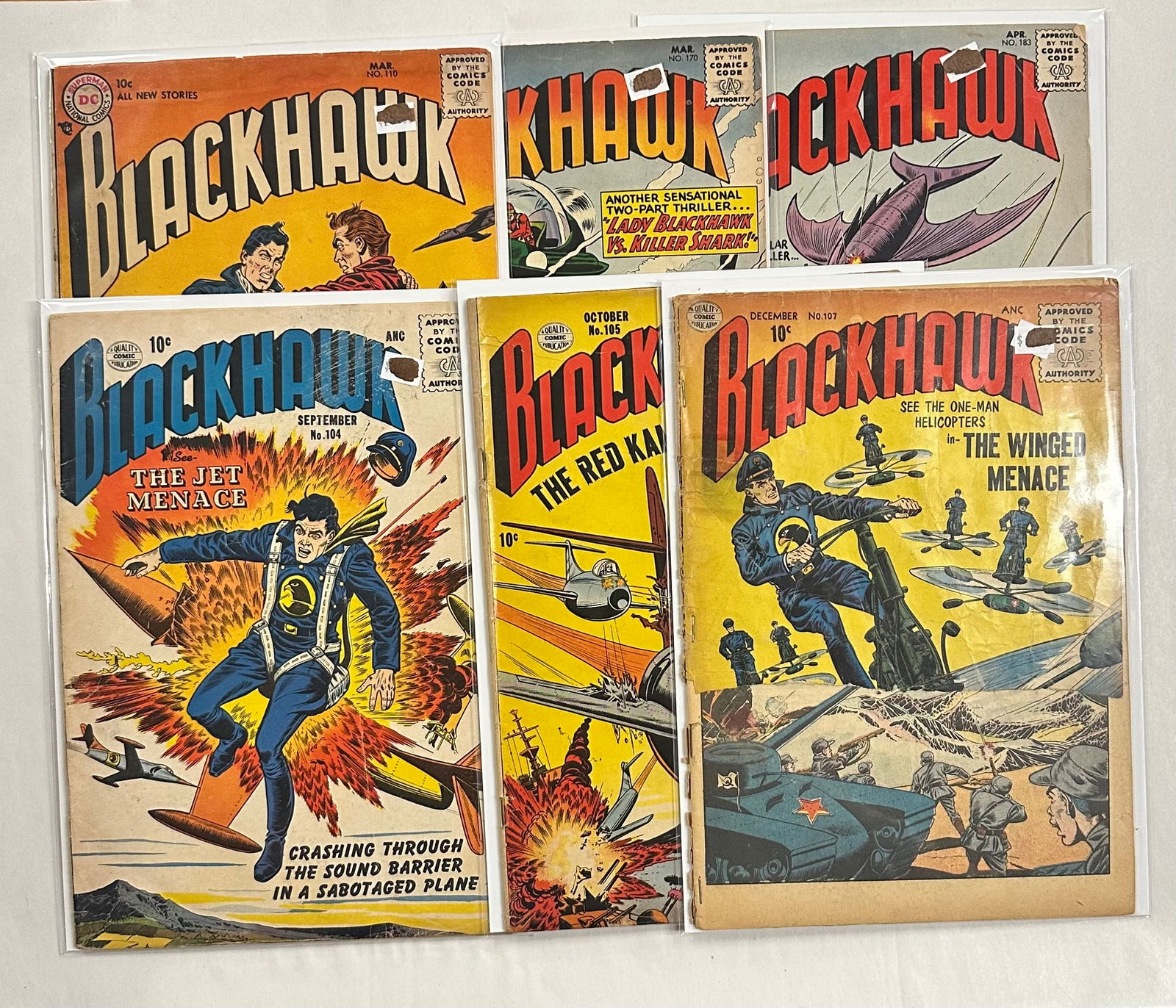 Blackhawk #104 #105 #107 #110 #170 #183: Blackhawk #104 #105 #107 #110 #170 #183 - Has overall issues like, but not limited too, Chips, brown pages, May have cover stamps etc., sm. tears, bends, soiling see Photos for condition.