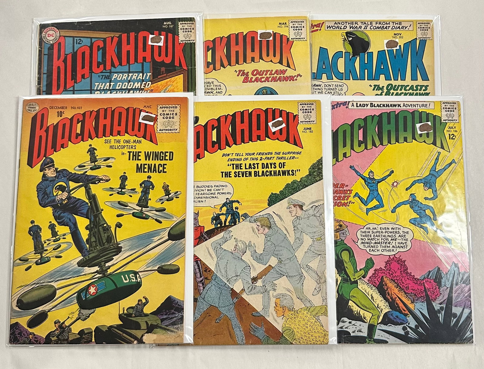 Blackhawk #107 #185 #186 #187 #194 #202: Blackhawk #107 #185 #186 #187 #194 #202 - Has overall issues like, but not limited too, Chips, brown pages, May have cover stamps etc., sm. tears, bends, soiling see Photos for condition.