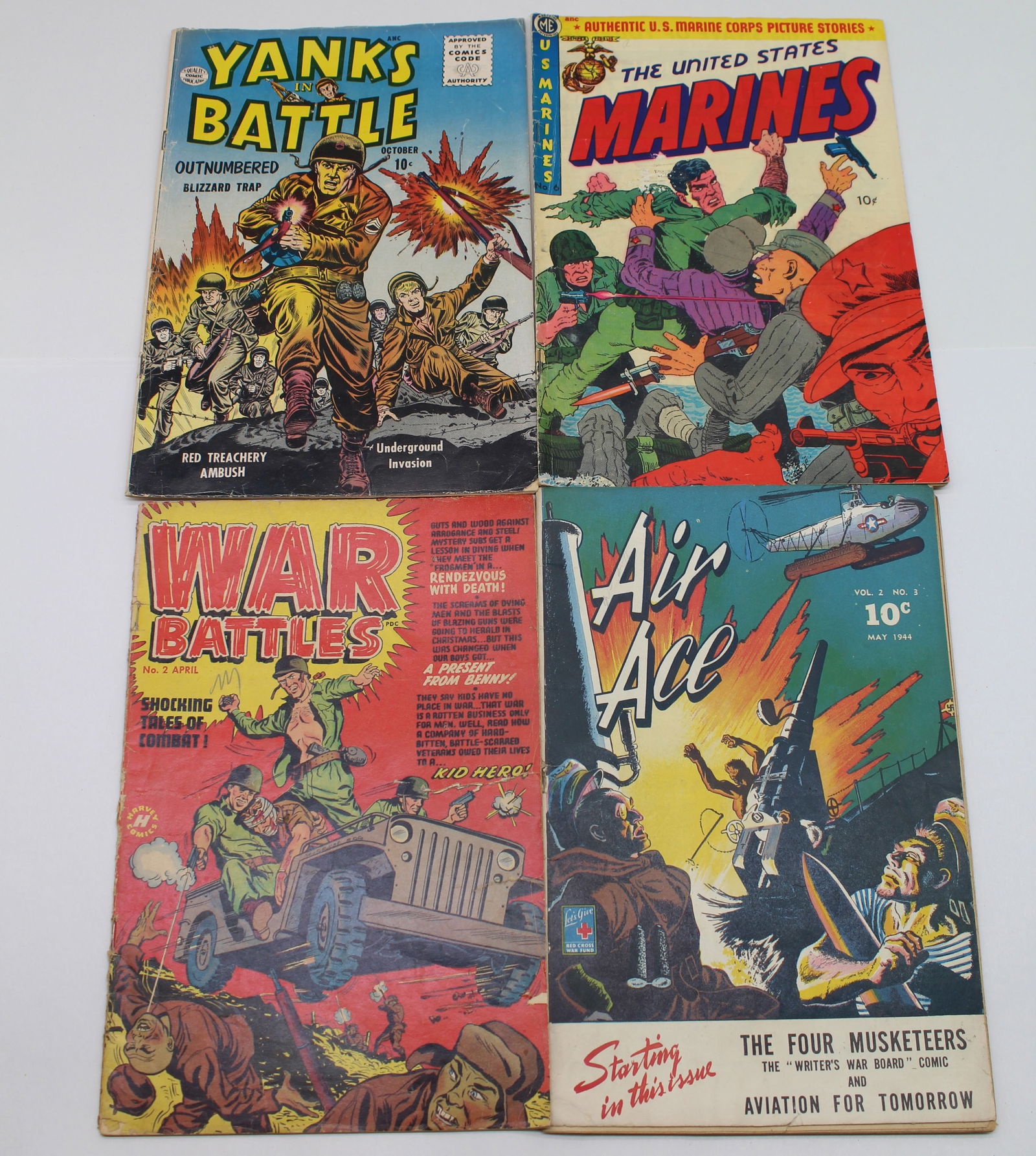 4 Golden Age War Comic Books - Yanks in Battle #2 United States Marines #6 War Battles #2 Air Ace (1 of 3)