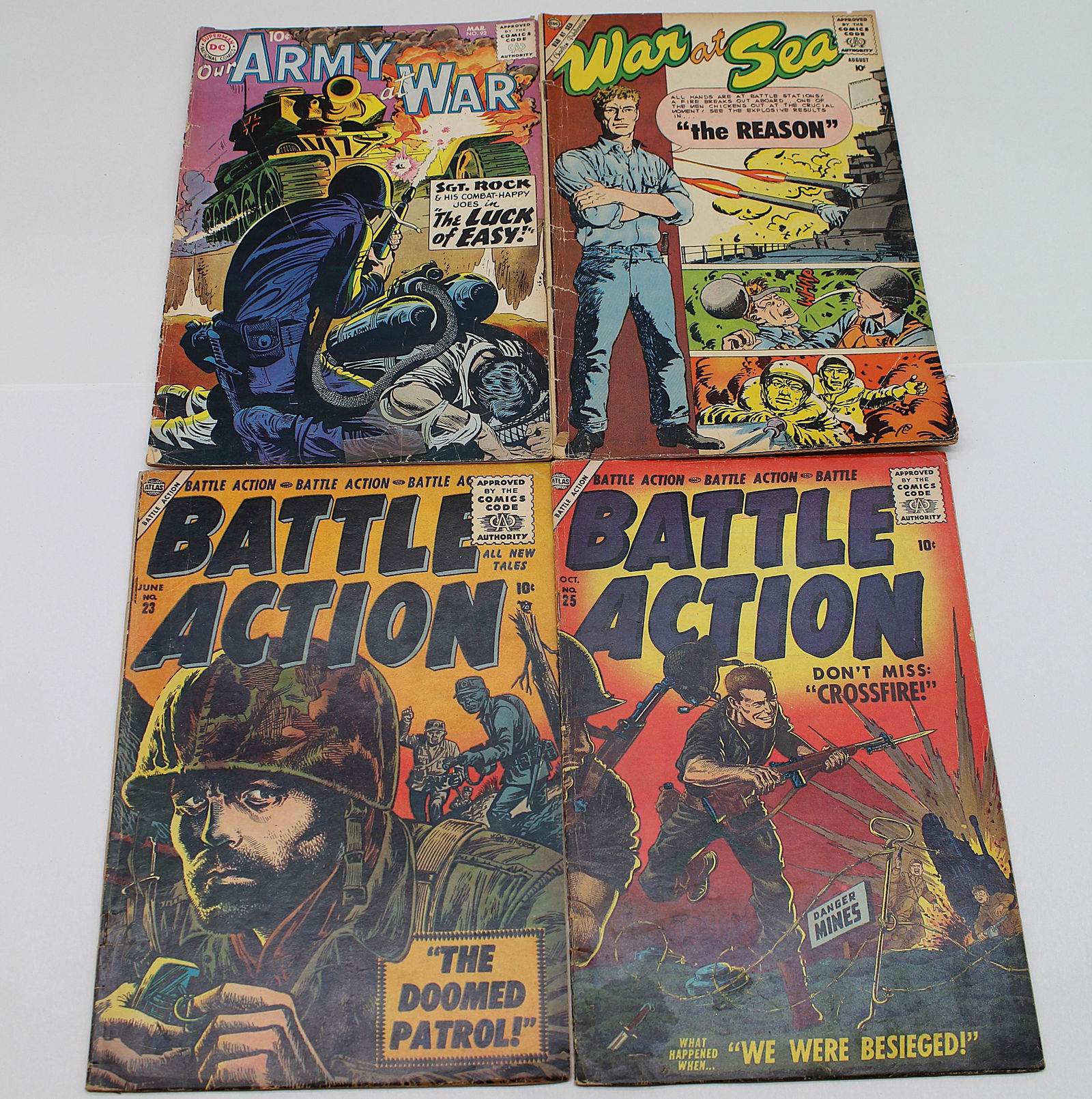 4 Golden Age War Comic Books - Battle Action #23 & #25 War at Sea vol.2 #37 Our Army at War #92 (1 of 4)