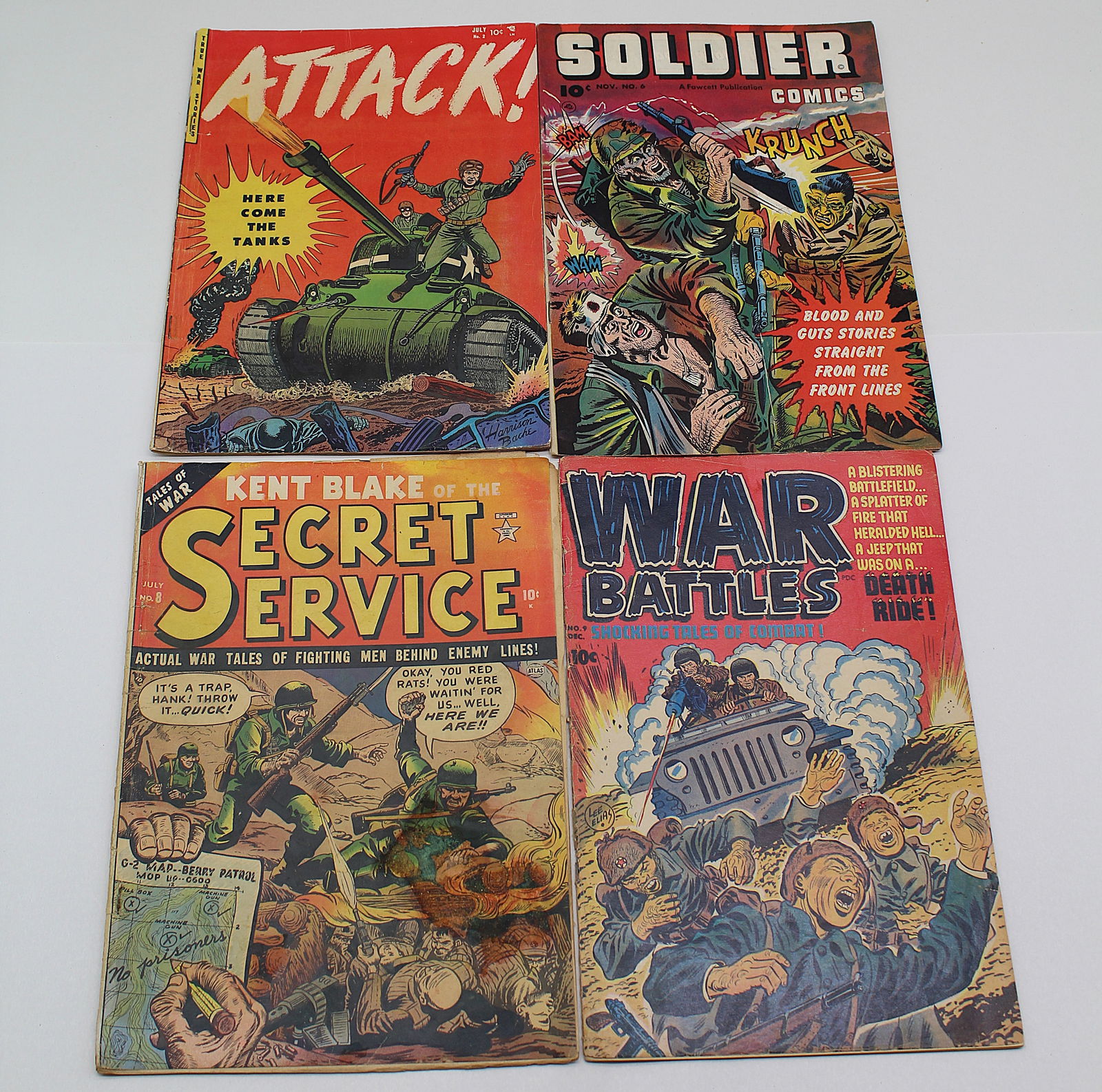 4 Golden Age War Comic Books - Attack #2 Soldier #6 Secret Service #8 War Battle #9 (1 of 2)