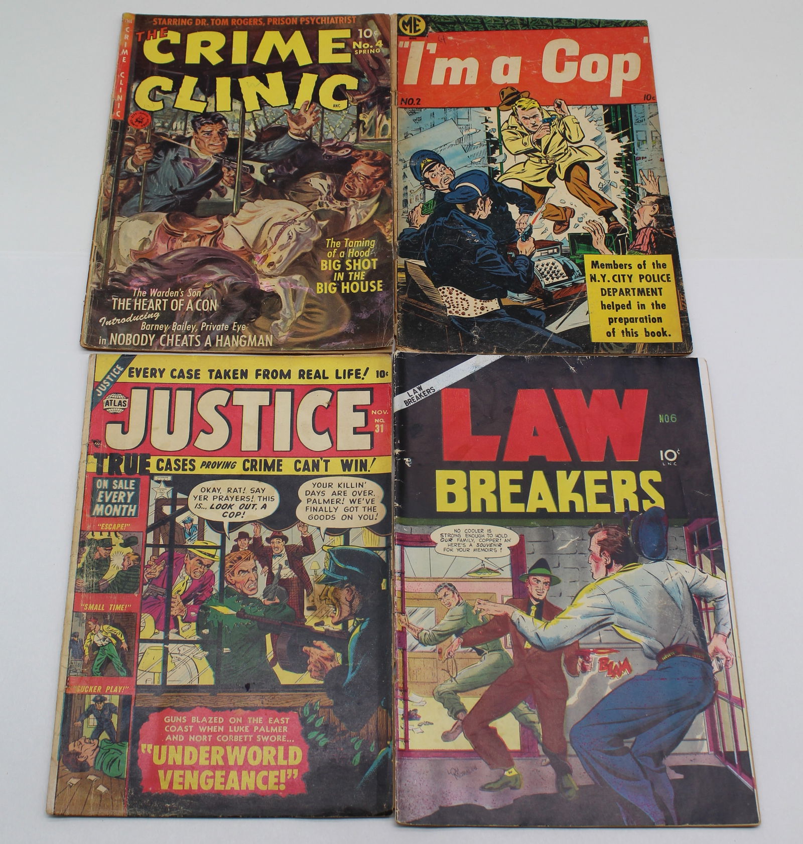 4 Golden Age Crime Comics - Justice #31 Law Breakers #6 I'm a Cop #2 Crime Clinic #4 (1 of 3)
