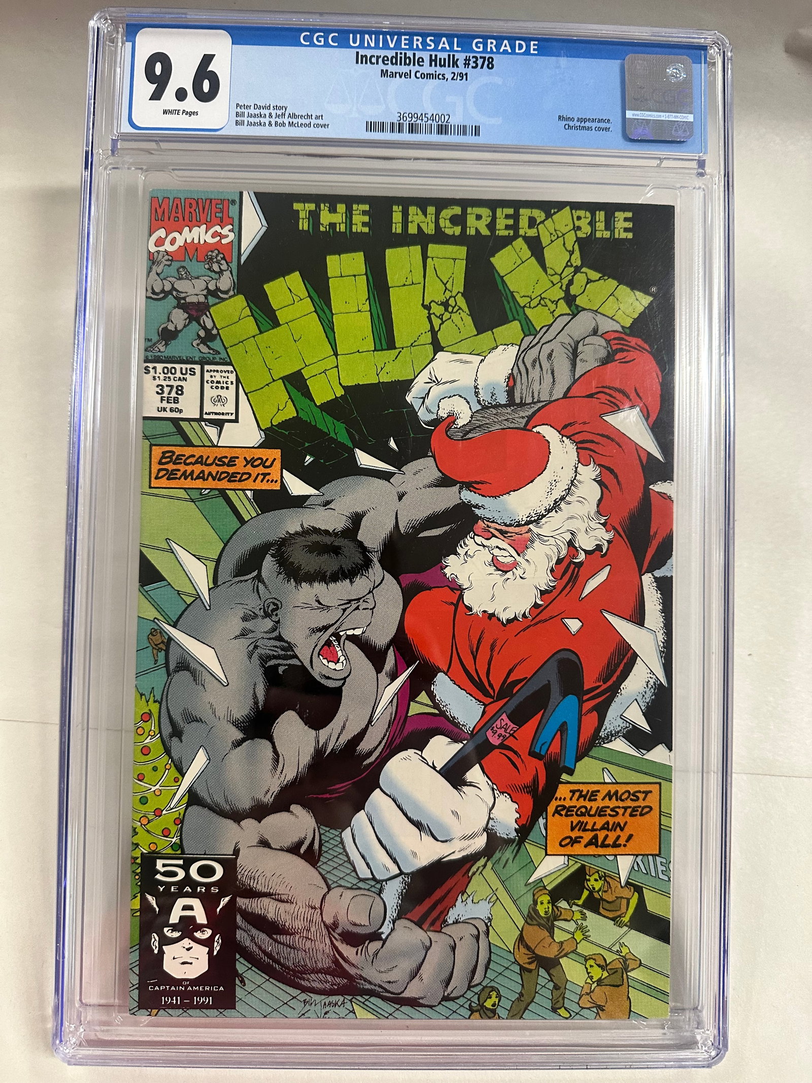 The Incredible Hulk #378 (1991) Graded CGC 9.6 - Christmas/Santa Cover: The Incredible Hulk #378 (1991) Graded CGC 9.6 - Christmas/Santa Cover -CGC Graded Case in Good Shape