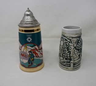 Maders 1984 Sarajevo stein and 1980's Budweiser Clydesdale Style Stein