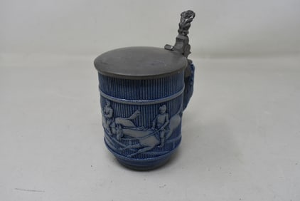 1/4 Liter Gerz Stoneware Beer Stein with Horse Racing Scene