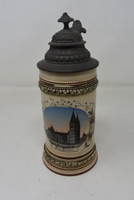.3 Liter Merkelbach & Wick Lidded Pottery Beer Stein Dom Bremen with Pewter Lid