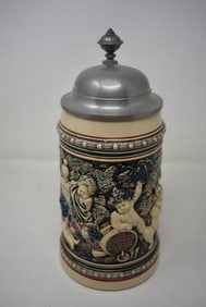 Merkelbach & Wick 1 Liter Pottery Beer Stein with celebrating Cherubs and Pewter Lid