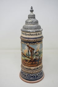 1589 Pottery Occupational Beer Stein 1/2 Liter Construction Scene Roofer/Carpenter