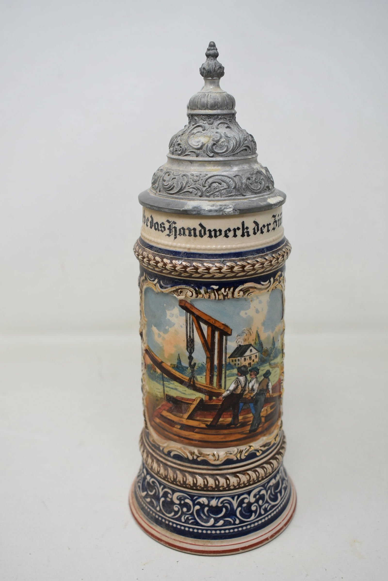 1589 Pottery Occupational Beer Stein 1/2 Liter Construction Scene Roofer/Carpenter (1 of 6)