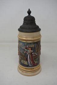 1/2 Liter German Pottery Relief Beer Stein with Romantic Scene