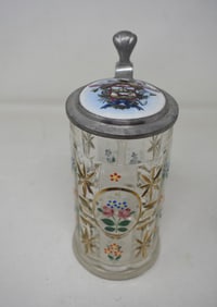 1/2 Liter Clear Cut Glass Occupational Beer Stein with Porcelain Lid Enamel Flower Deocrations