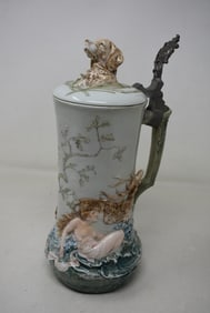 GORGEOUS 12" Porcelain- 1 Liter Pate - Sur Beer Stein with Nude Woman, Dogs & Deer