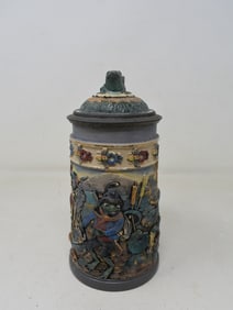 1/2 Liter Beer Stein with Relief Frogs Smoking and Drinking Figural Frog Inlay Lid HTF