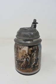 1/2 Liter Stoneware Beer Stein with Defragger Scene w Munchen Kindl Lichtinger Lid POG