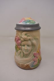 Art Nouveau Majolica Relief Beer Stein with Beautiful Woman Inlay lid