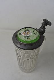 Clear Glass 1/2 Liter Beer Stein with Painted Edelweis on Green Glass Lid