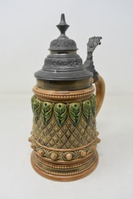 Unusual 1/2 Liter Art Deco Beer Stein with Prunts Pewter Lid