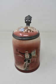 Diesinger Old Lowen-Brau Pottery German Beer Stein with Man on Bike
