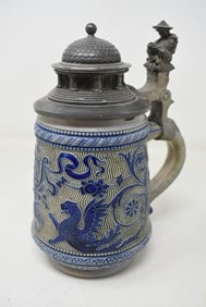 1/2 LIter Salt Glaze Pottery Beer Stein with Pewter Lid