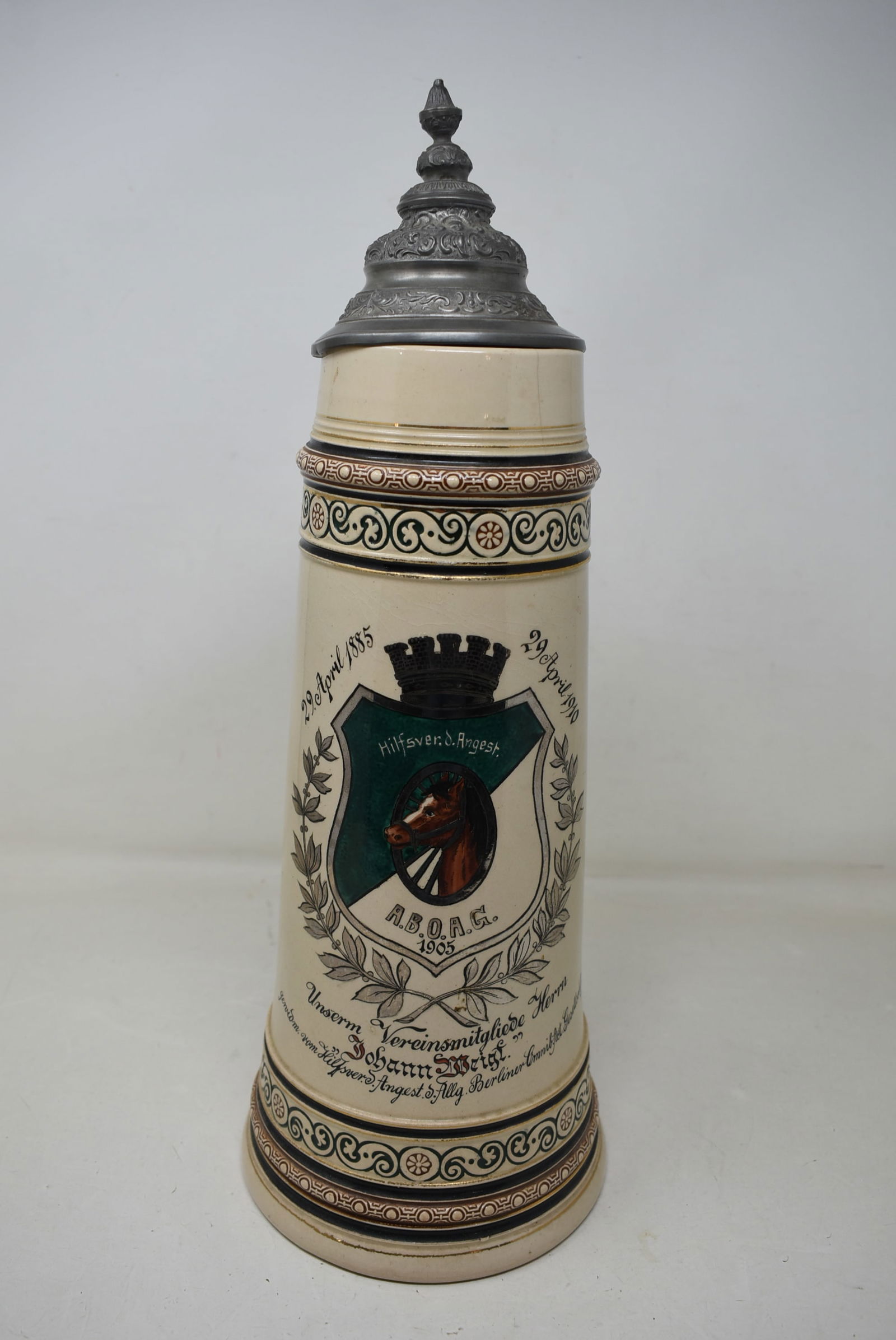1910 A.B.O. A. G. 2.5 Liter German Beer Stein 25th Anniversary Horse Club 29/4/1885 - 29/4/1910 (1 of 7)