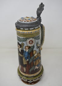 Mettlach Etched 2482 Marksman Target Shooting Beer Stein Inlay Lid