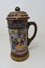 Japanese .5 Liter Moriage Relief Beer Stein with Set On Lid