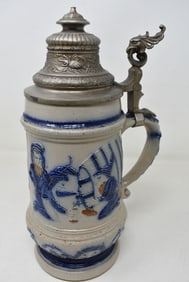 Whites of Utica German Salt Glaze Pottery 1 Liter Beer Stein with Gnomes 3 color