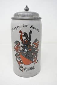 1 Liter Stoneware German Beer Stein with Crest & Pewter Lid