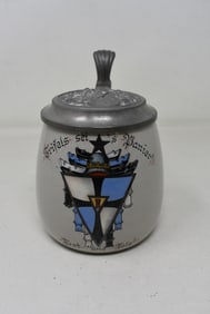 WWII German Pottery Beer Stein w Ornate Pewter Lid Student Society Dueling Stein 10/20L