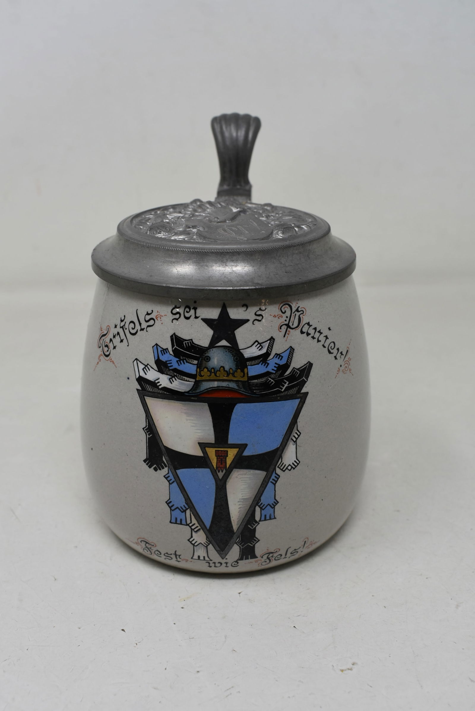 WWII German Pottery Beer Stein w Ornate Pewter Lid Student Society Dueling Stein 10/20L (1 of 8)