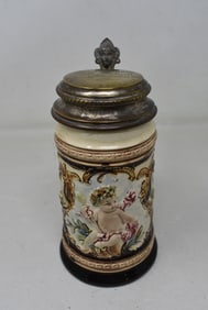 Karl Ditmar .3 Liter Majolica Beer Stein Inscribed "Adolf Bochom 1893-1918" Cherub Majolica
