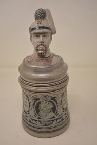 1/2 Liter Pottery Germay Beer Stein wtih Figural Lid German Soldier
