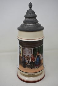 1 Liter Porcelain Beer Stein w Inscribed Pewter Lid & Lithophane Bottom