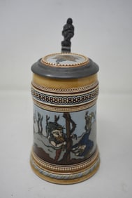1/2 Liter Mettlach Beer Stein #1476 with Inlay Lid, Gnomes Tending Grape Vines