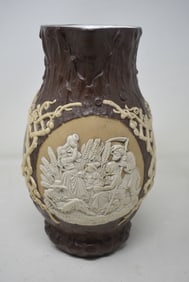 Mettlach #1028 Cameo Pitcher/Stein Tree Trunk Form w Wheat Field