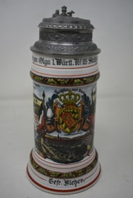 1/2 Liter Regimental Porcelain Beer Stein w Ornate Pewter Lid and Lithophane