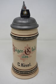 1896 1/2 Liter German Beer Stein "Jager-Club" with Helmet Lid
