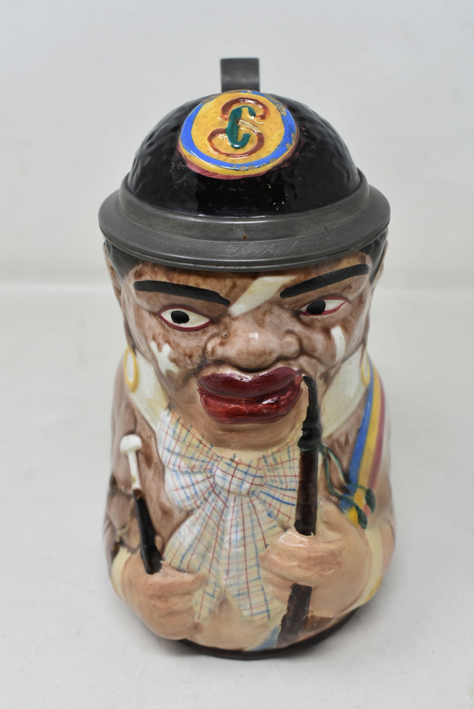 Antique German Character Beer Stein 1/2 Liter Black Man smoking pipe (1 of 8)