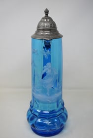 Beautiful Blue Glass 2 Liter Mary Gregory Beer Stein with Pewter Lid