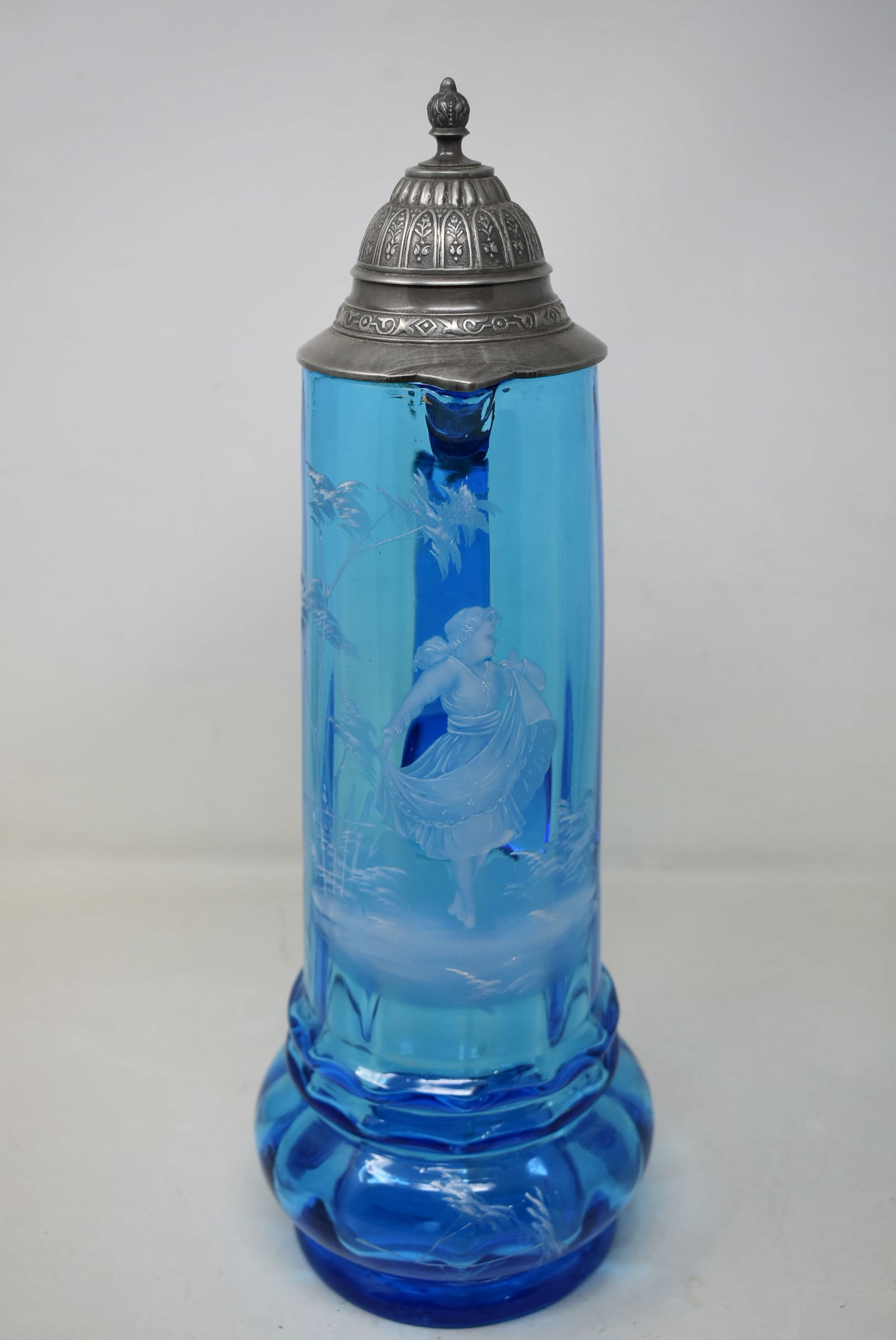 Beautiful Blue Glass 2 Liter Mary Gregory Beer Stein with Pewter Lid (1 of 7)