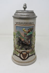German Pottery Beer Stein 1/2 Liter with Hunting Scene