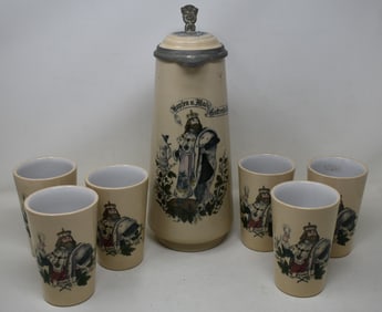 German 2 Liter Master Beer Stein with 6 Beakers King Gambrinus