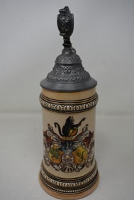 1/2 Liter Etched German Coats of Arms Beer Stein with Pewter Lid Merkelbach Wick